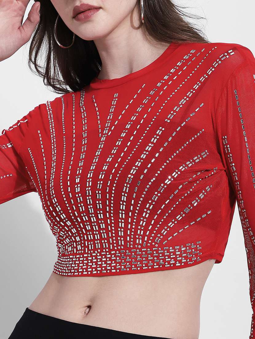 women embellsihed long sleeev crop top - 22363428 -  Standard Image - 2