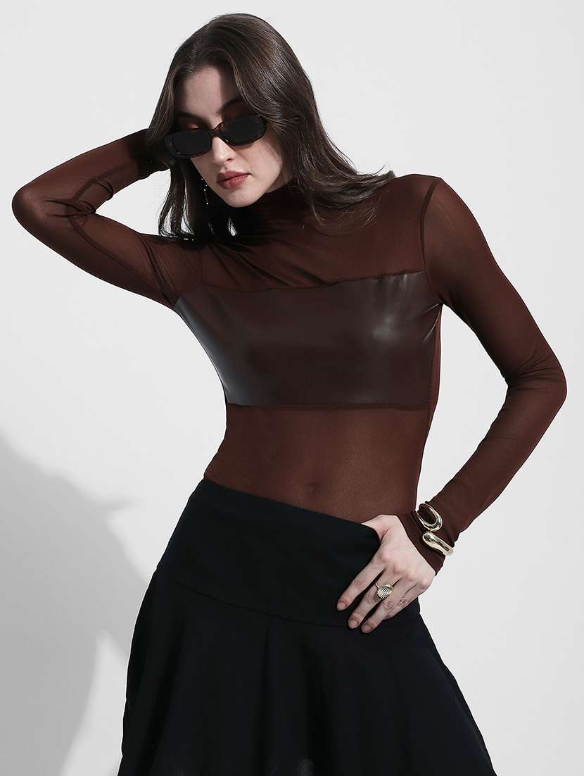 women solid mock neck long sleeve sheer top