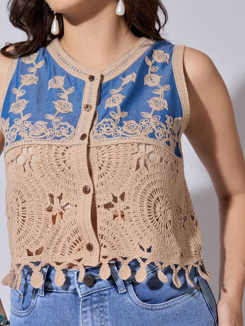 women self designed sheer crochet top - 22363439 -  Standard Image - 2