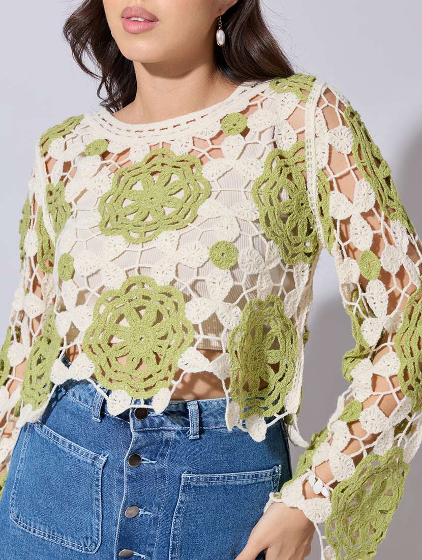 women self designed sheer crochet crop top - 22363449 -  Standard Image - 2