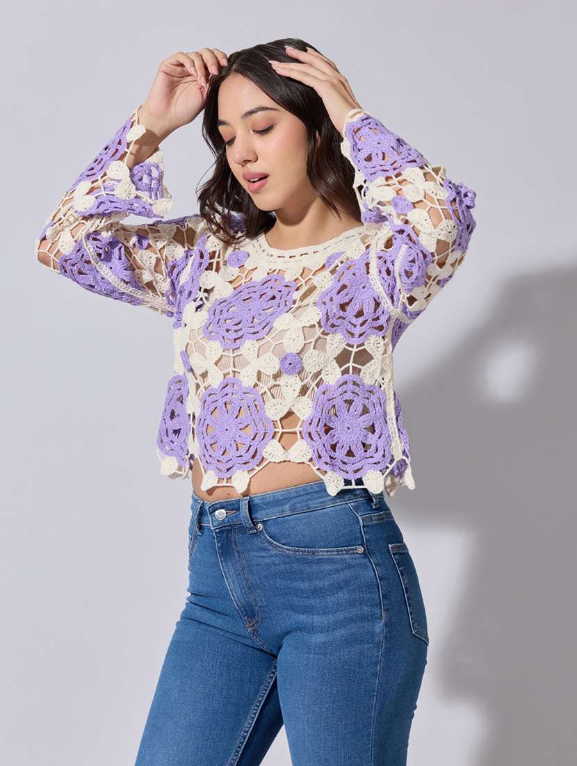 women self designed sheer crochet crop top