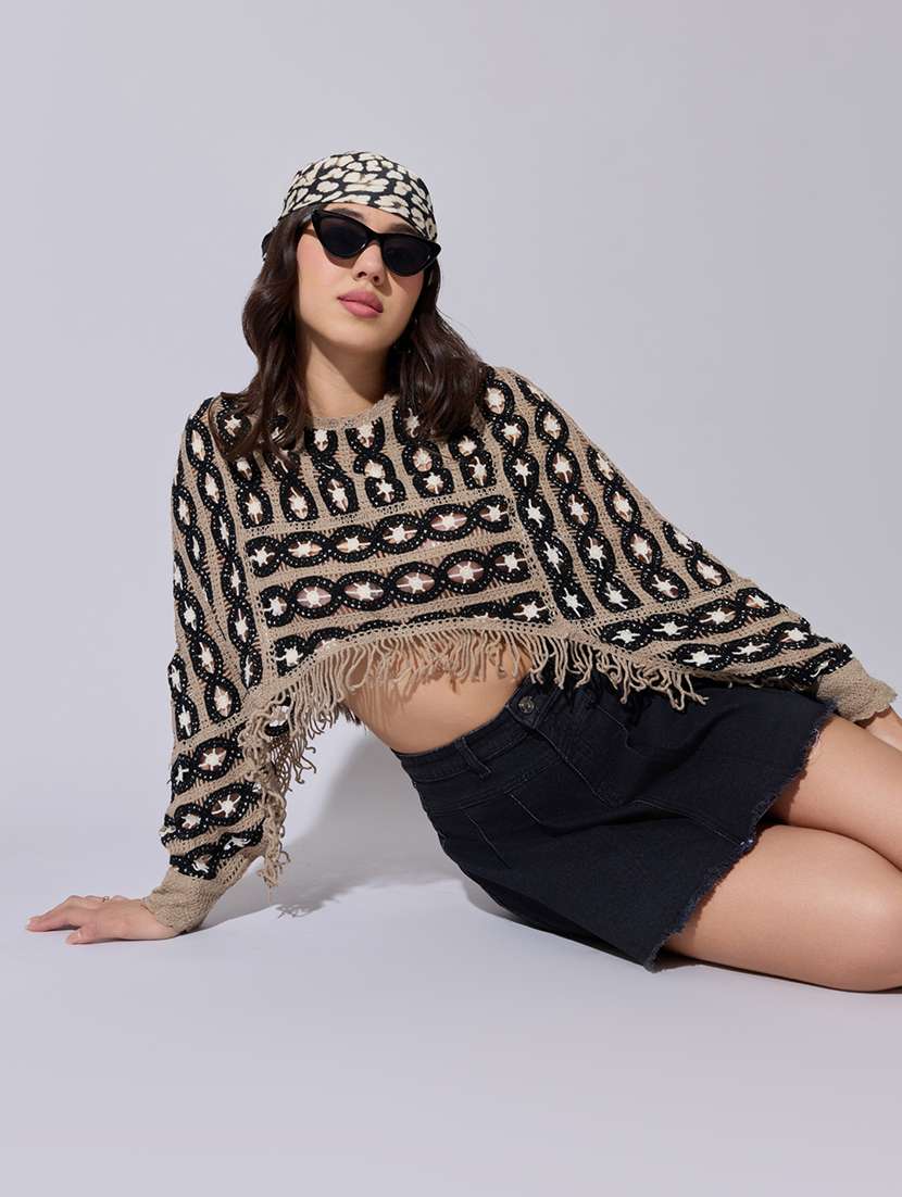 women self designed sheer crochet crop top