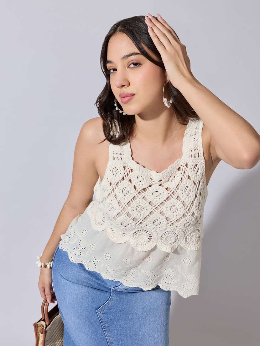 women self designed sheer crochet top