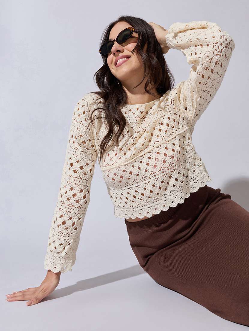 women self designed sheer crochet crop top