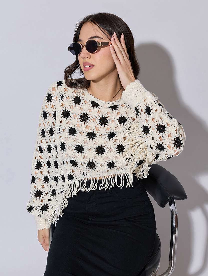 women self designed sheer crochet crop top