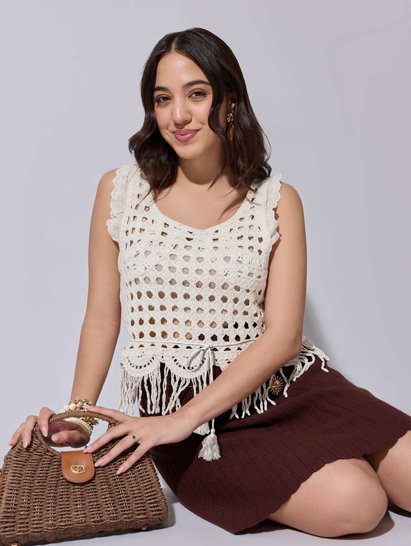 women self designed sheer crochet top