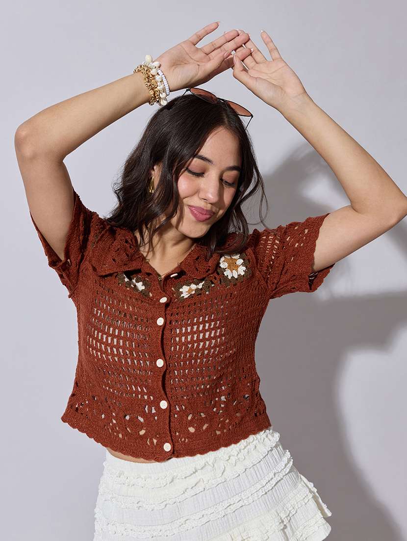 women self designed sheer crochet top