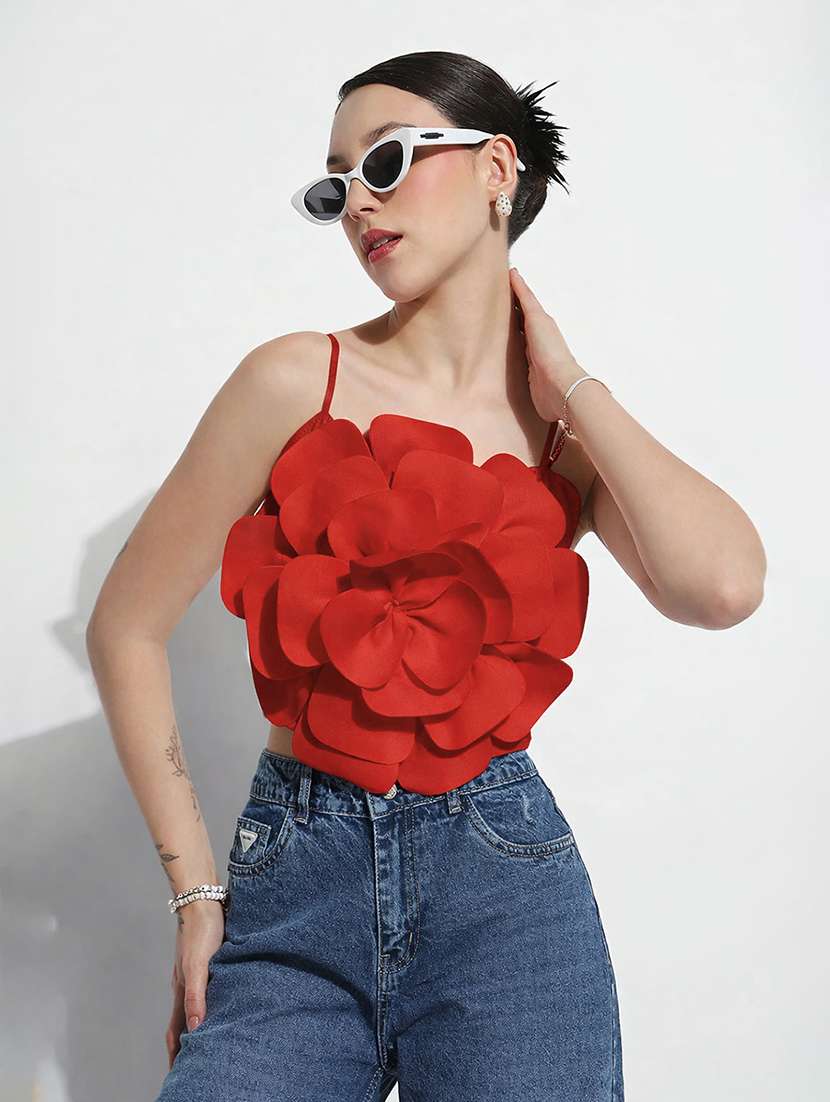 women self designed shoulder strap crop top
