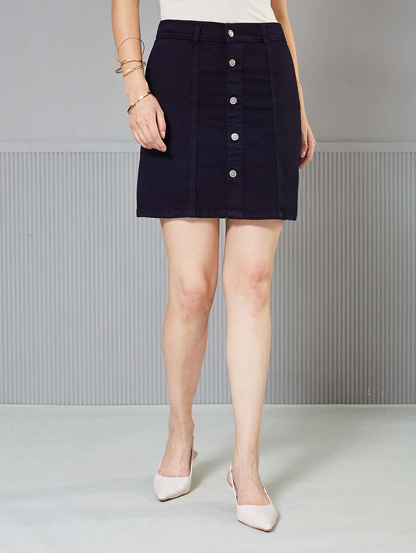 women solid high rise denim skirt