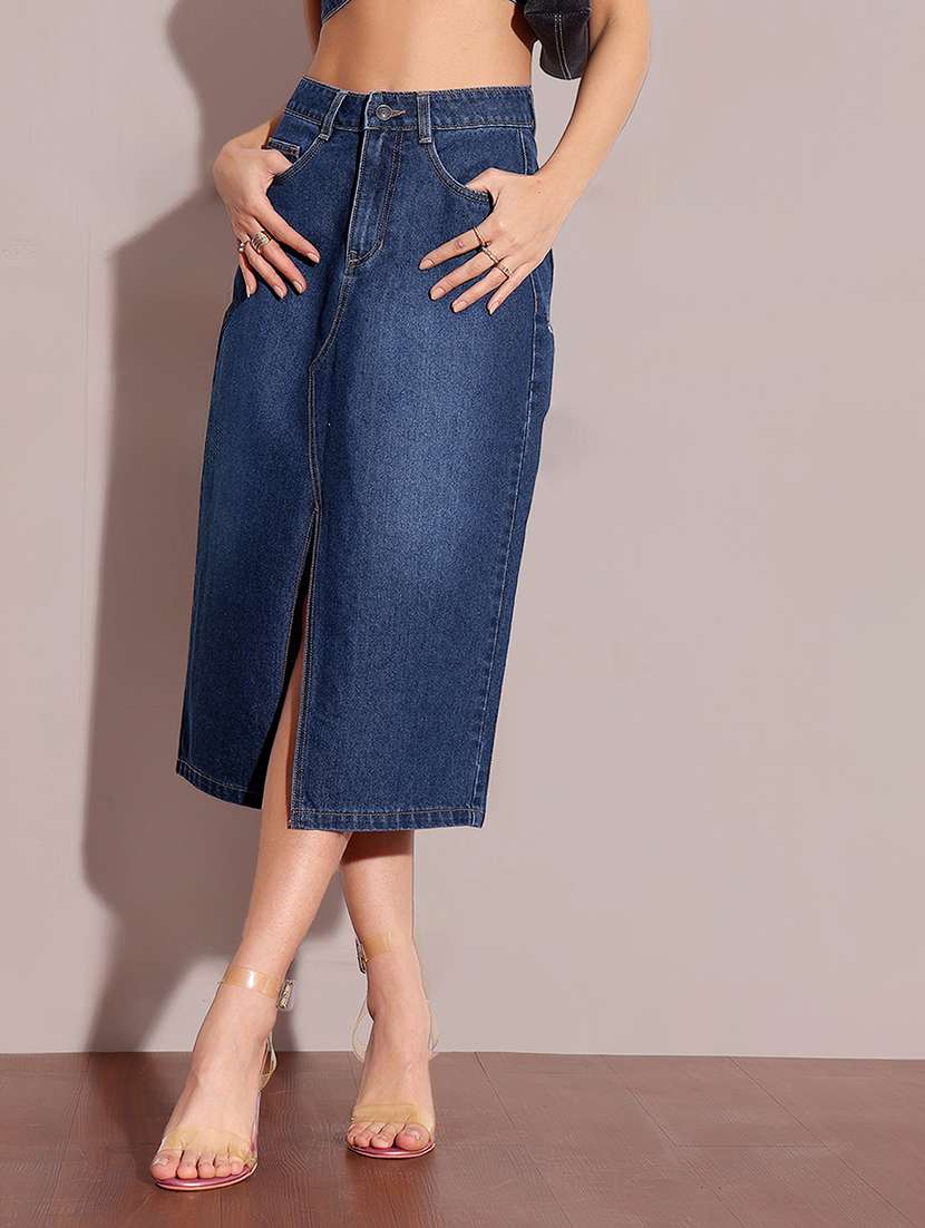 women solid high rise denim straight skirt