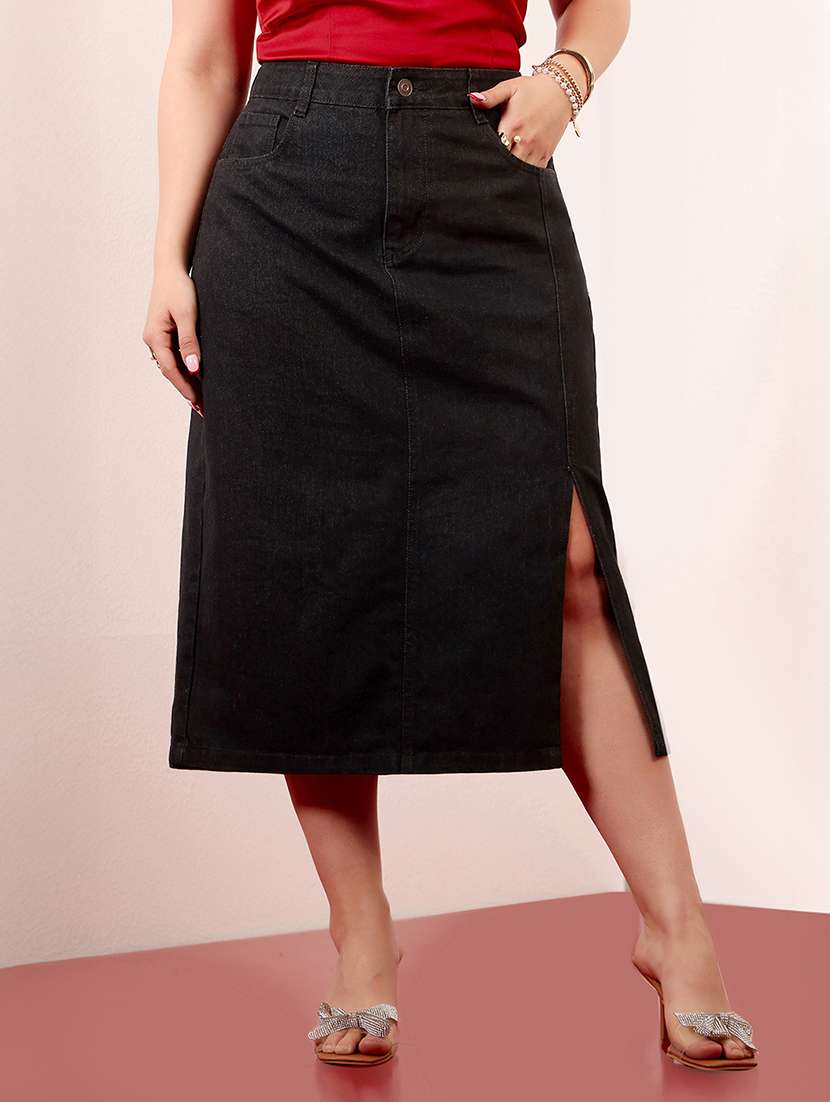 women solid high rise denim a-line skirt