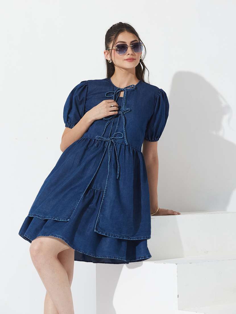 women solid puff sleeve denim tiered dress