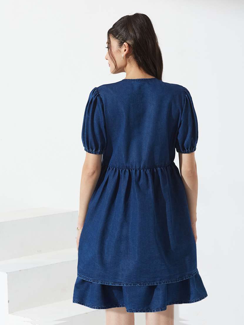women solid puff sleeve denim tiered dress - 22363548 -  Standard Image - 2