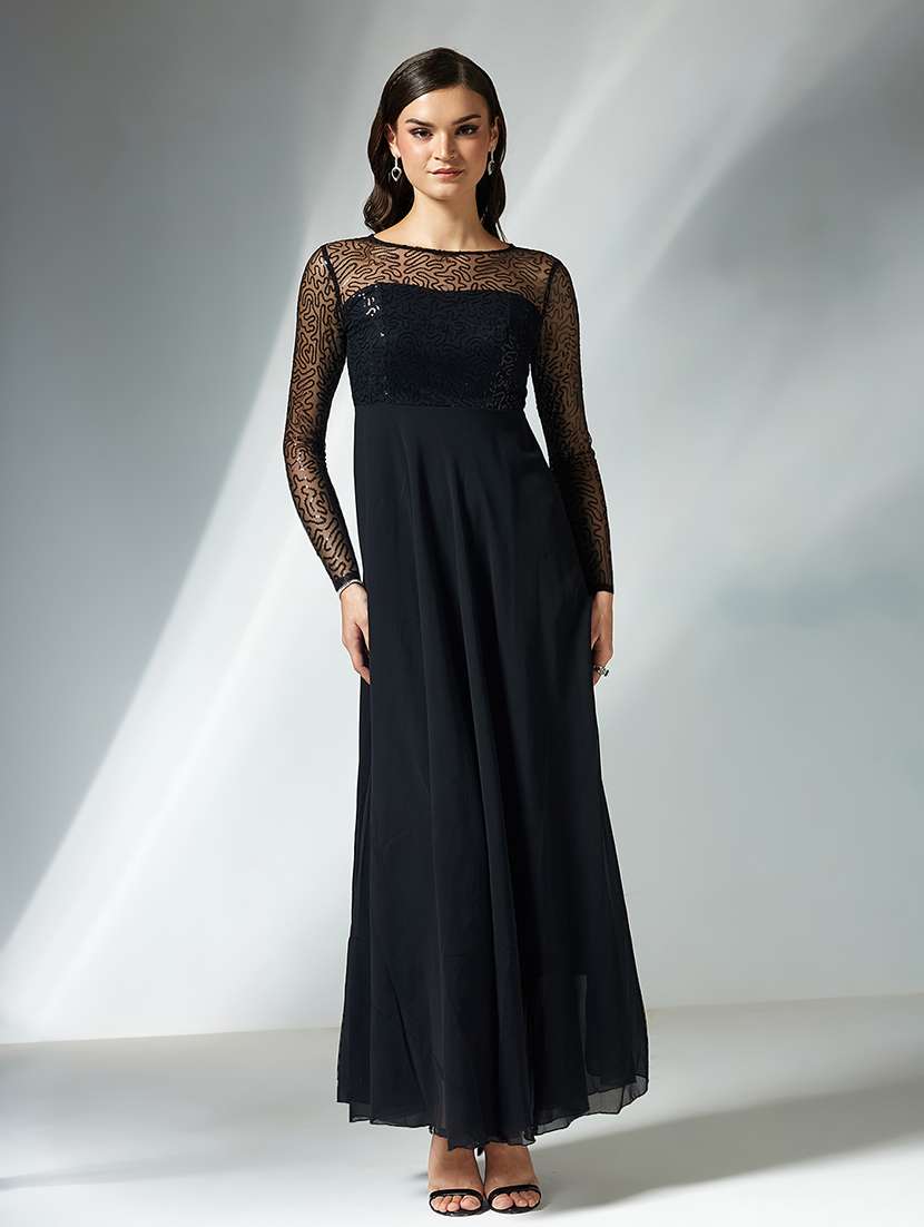 women self designed long sleeve lace fit & flare dress