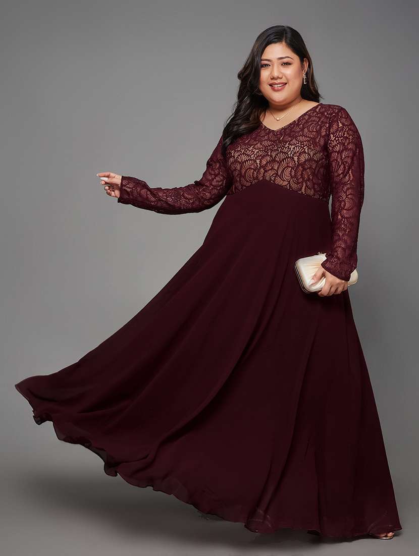 women plus size solid long sleeve lace dress