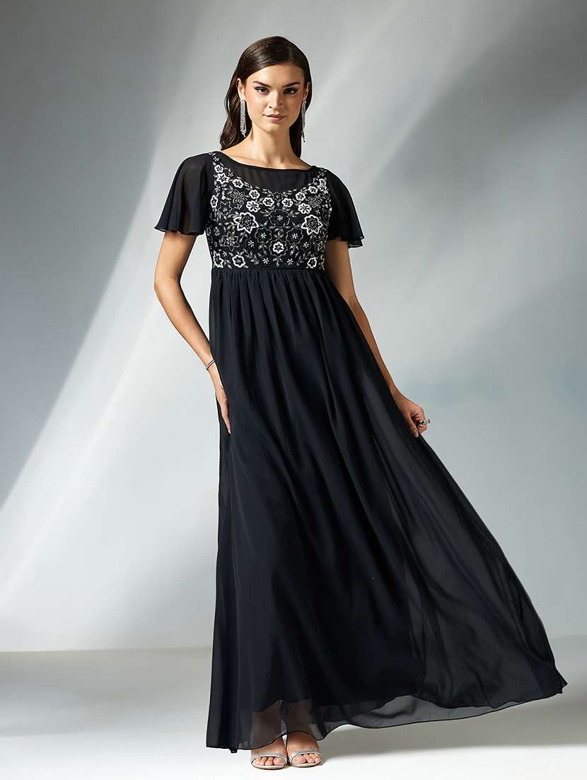 women self designed flute sleeve fit & flare dress