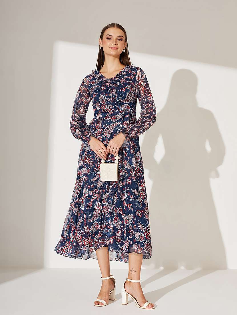 women printed puff sleeve tiered dress