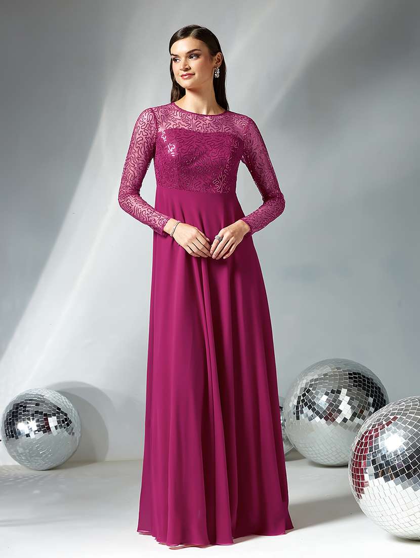 women embellished long sleeve fit & flare dress