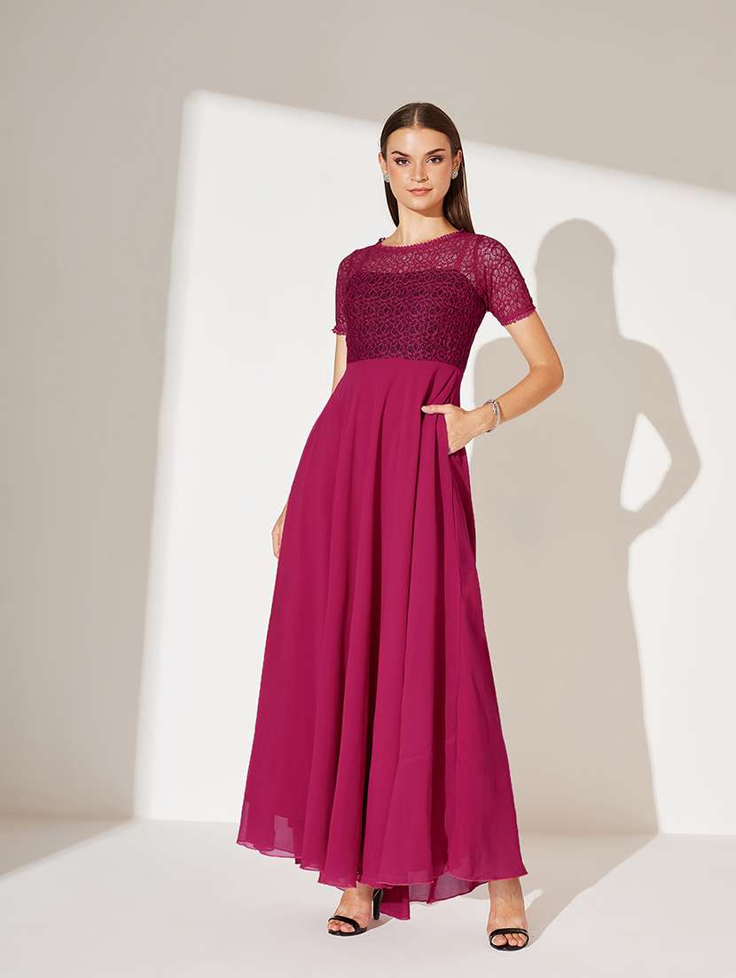 women solid short sleeve lace fit & flare dress - 22363685 -  Standard Image - 2