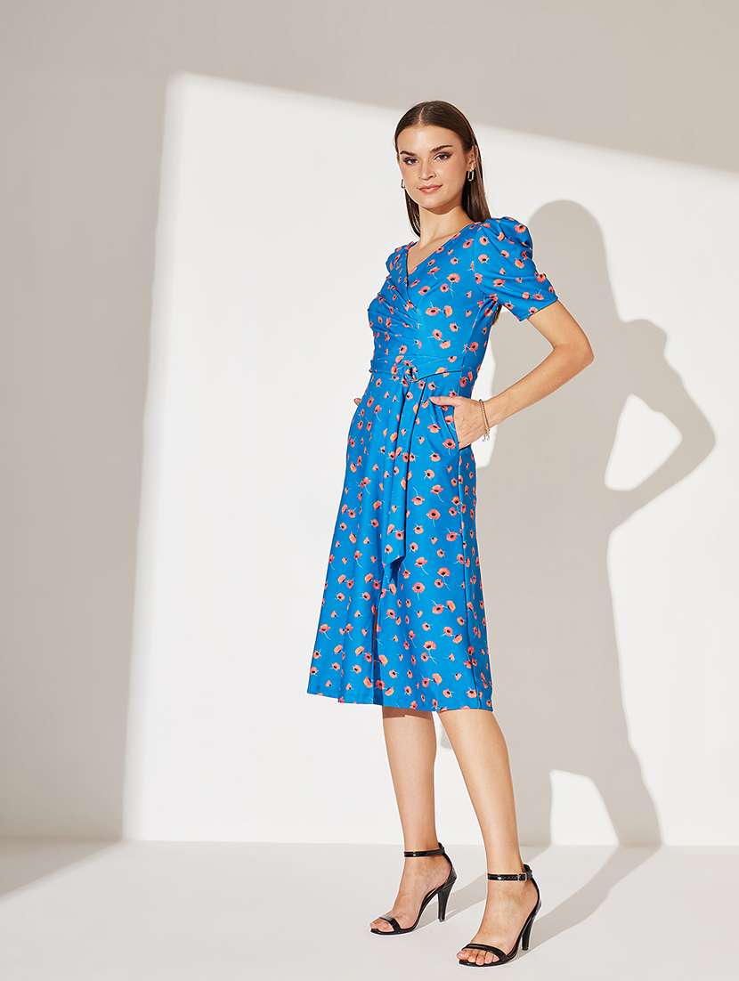 women foral print puff sleeve wrap dress - 22363690 -  Standard Image - 2
