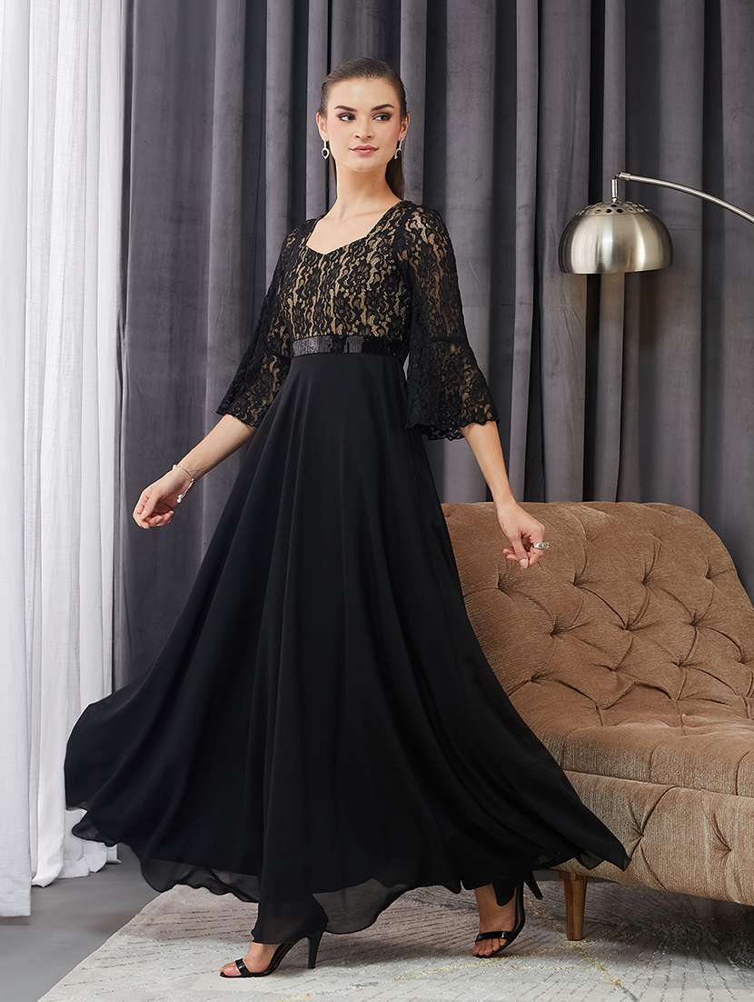 women solid bell sleeve lace fit & flare dress - 22363701 -  Standard Image - 2