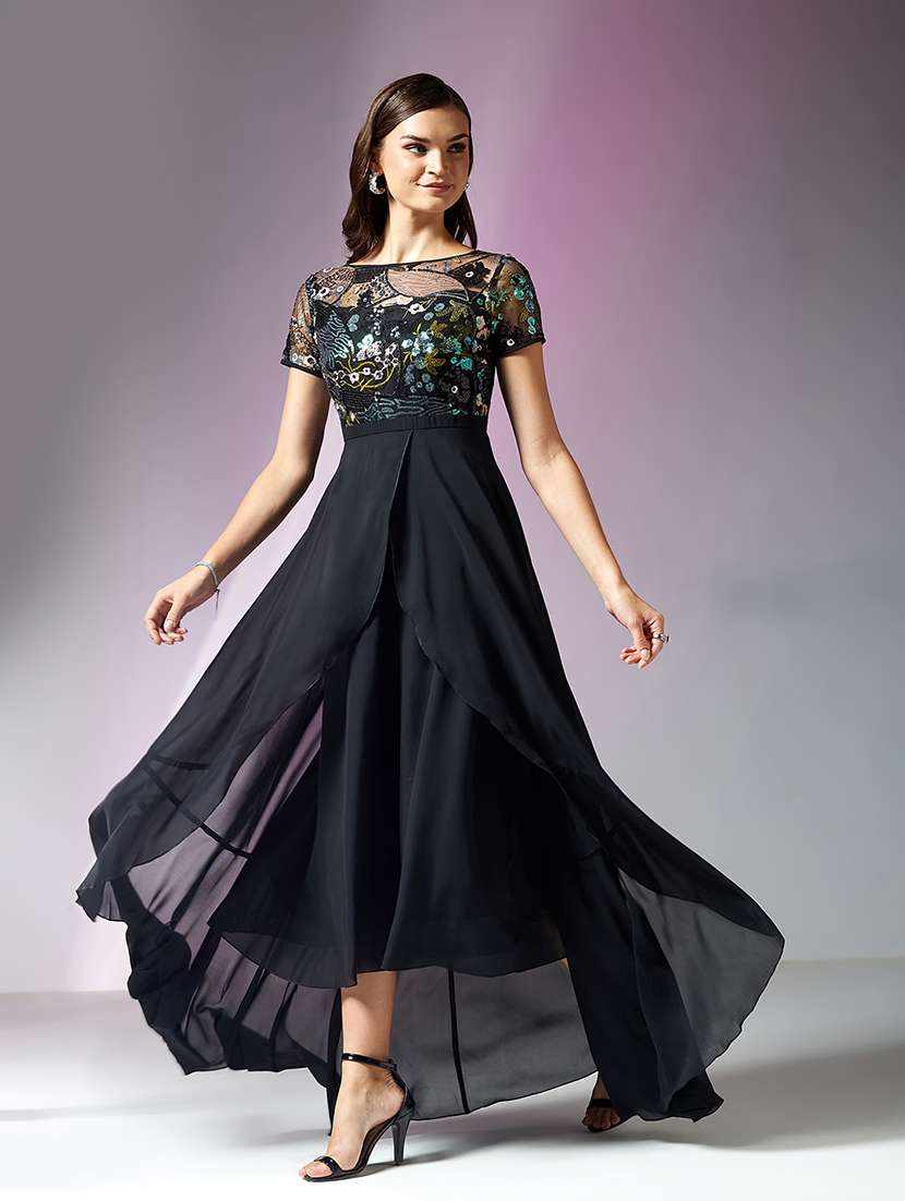 women embellished short sleeve asymmetric dress