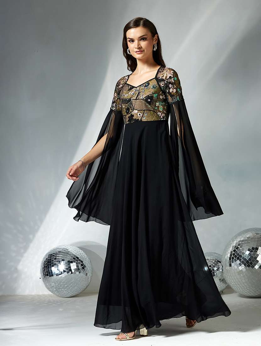 women embellished cape sleeve fit & flare dress