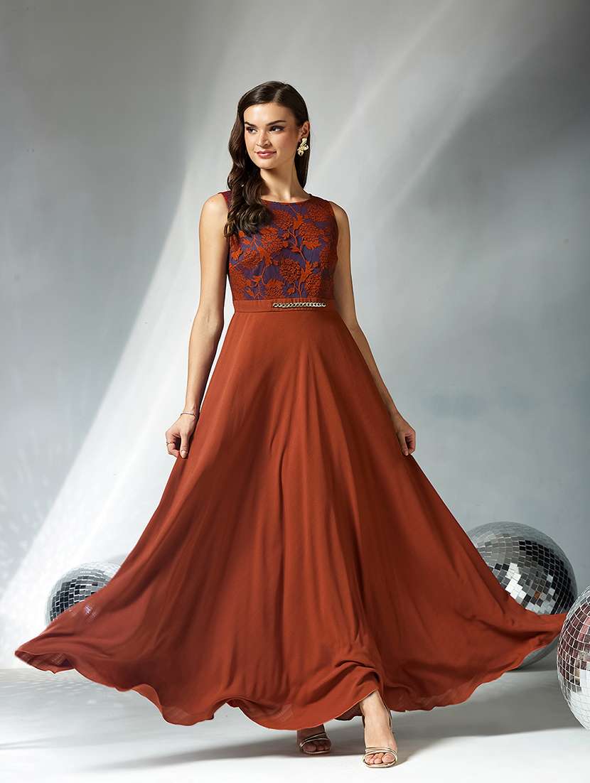 women self designed sleeveless fit & flare dress