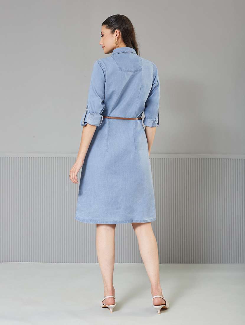 women solid roll-up sleeve denim shirt dress - 22363785 -  Standard Image - 2