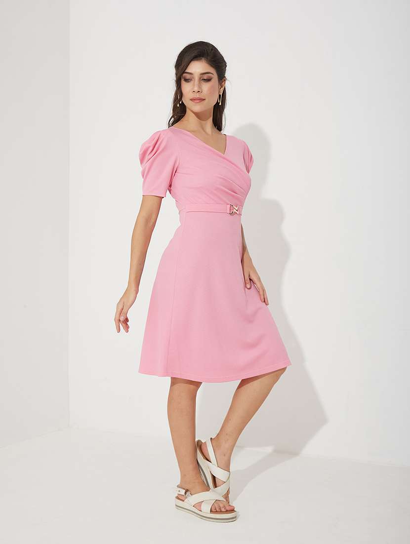 women solid puff sleeve a-line dress - 22363835 -  Standard Image - 2