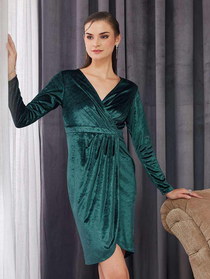 women solid long sleeve velvet wrap dress - 22363840 -  Standard Image - 2