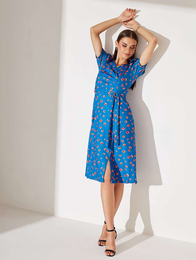 women floral print puff sleeve wrap dress