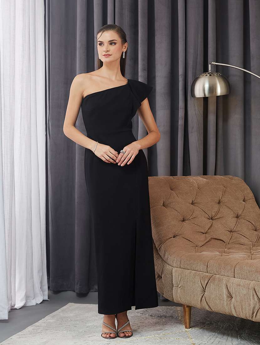 women solid single shoulder sheath dress
