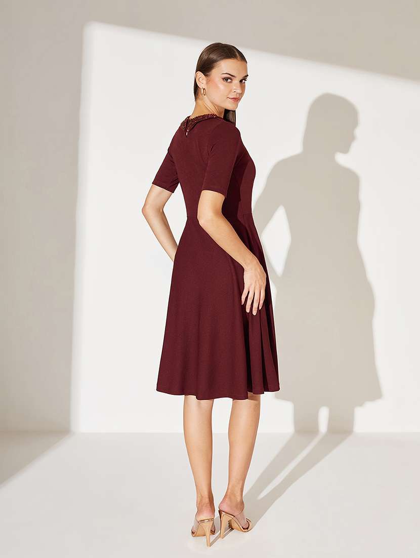 women solid short sleeve fit & flare dress - 22363857 -  Standard Image - 2