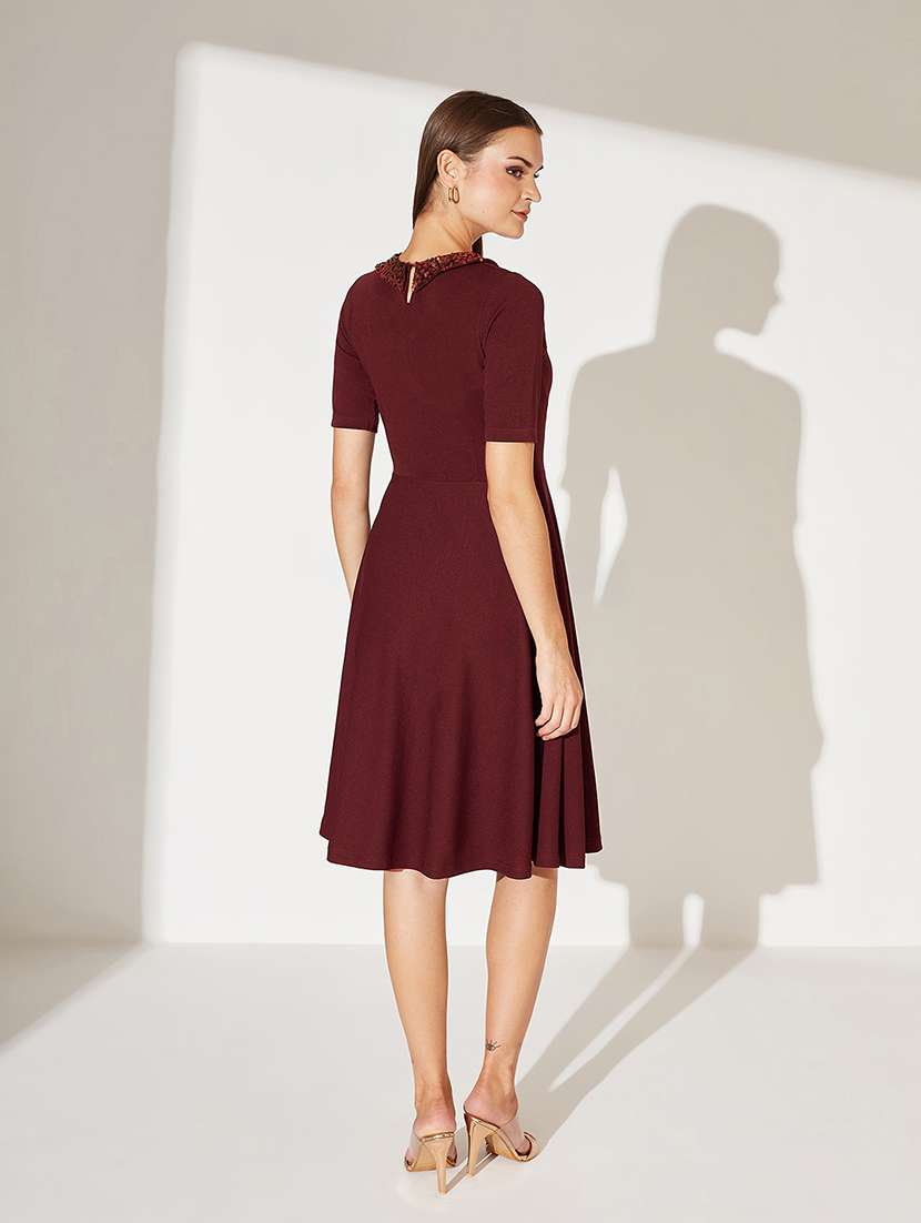 women solid short sleeve collared fit & flare dress - 22363863 -  Standard Image - 2