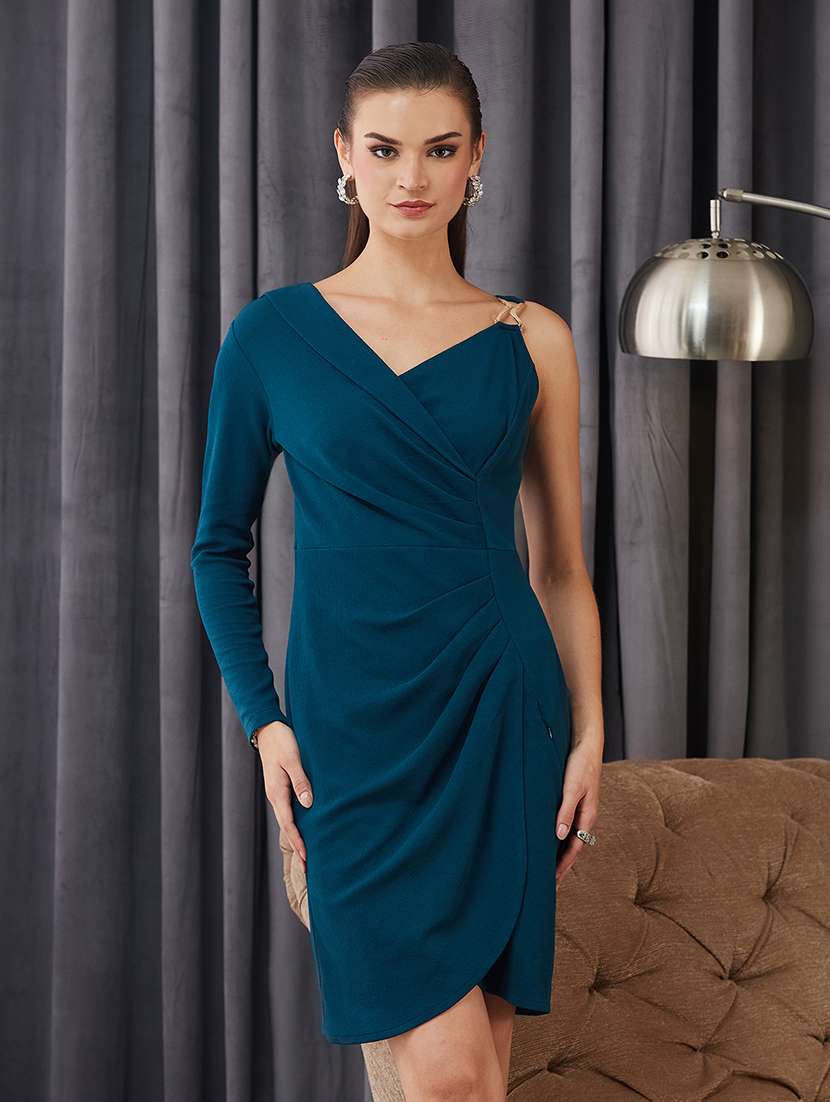 women solid single shoulder bodycon dress