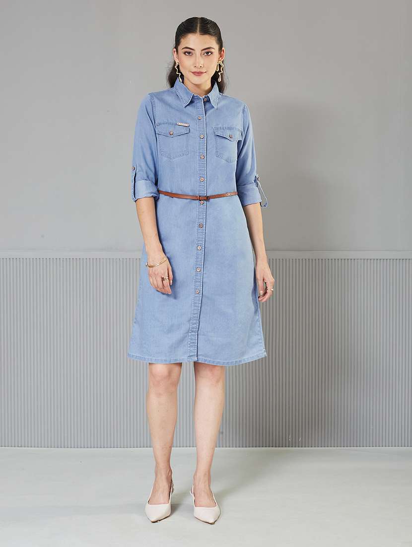 women solid roll-up sleeve denim shirt dress