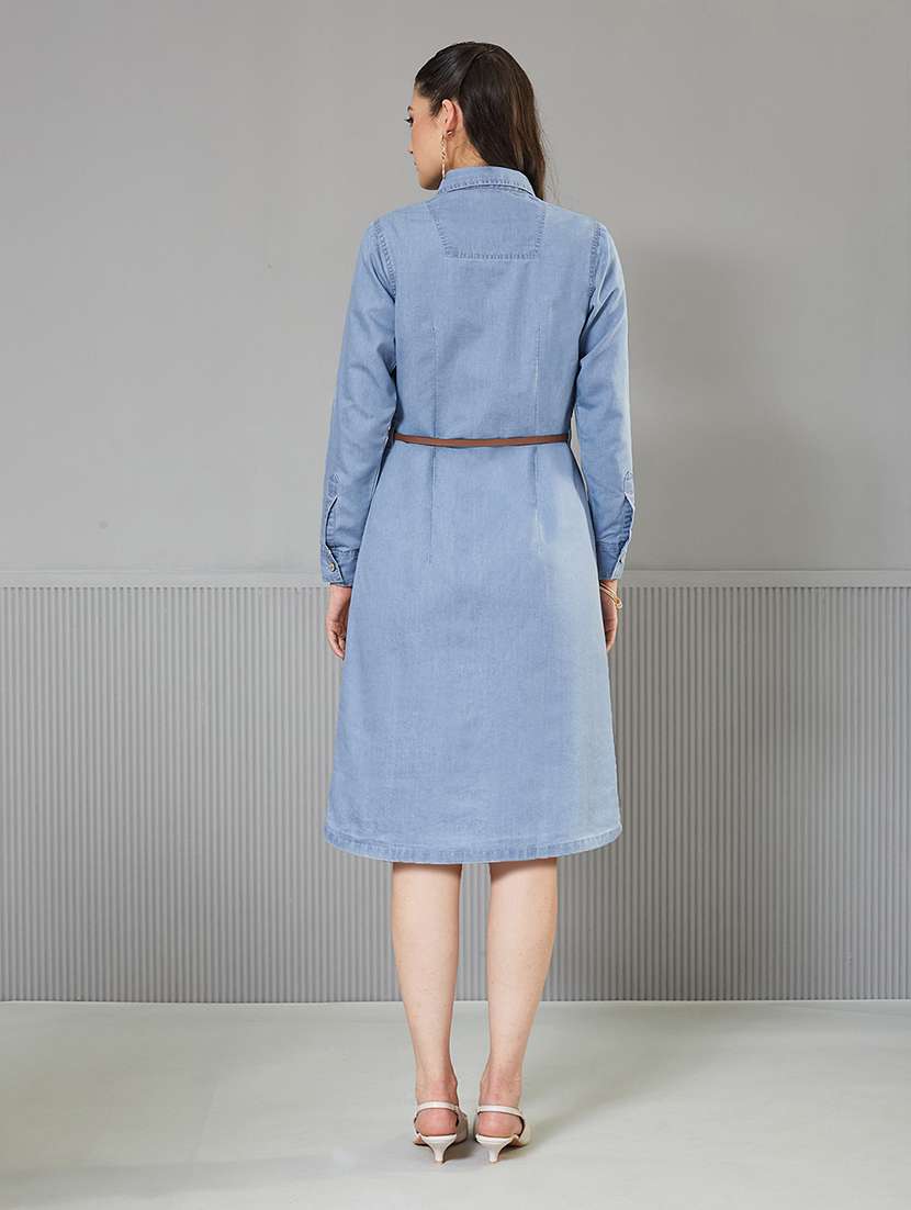 women solid roll-up sleeve denim shirt dress - 22363895 -  Standard Image - 2
