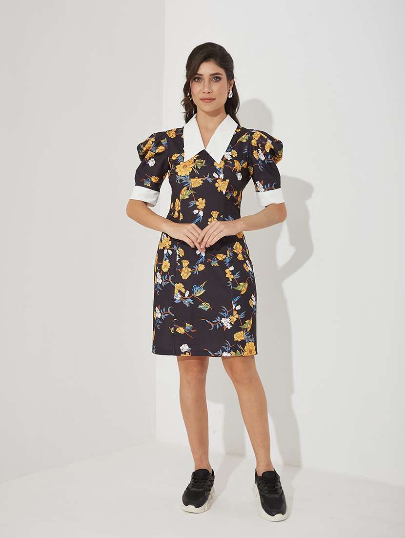 women floral print puff sleeve sheath dress 