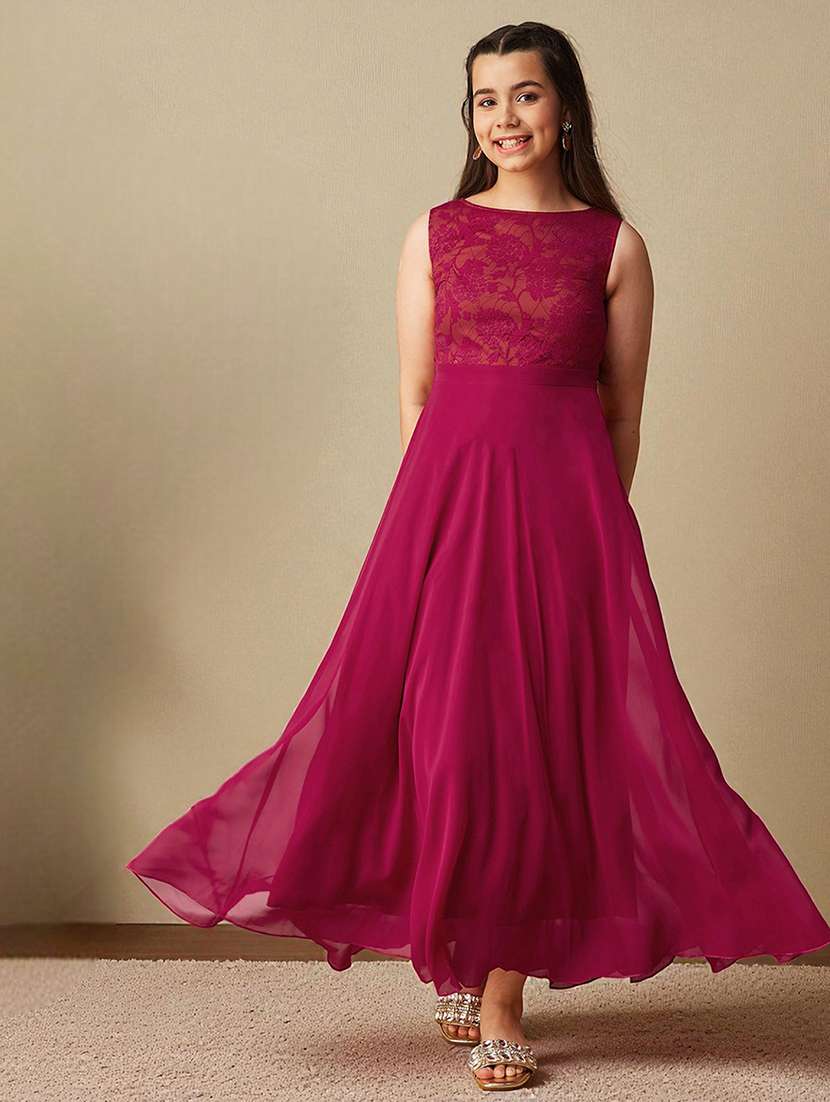 girls solid sleeveless lace fit & flare dress