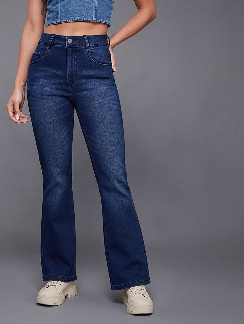 women solid high rise bootcut jeans