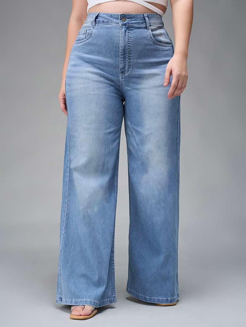 women solid high rise wide leg jeans