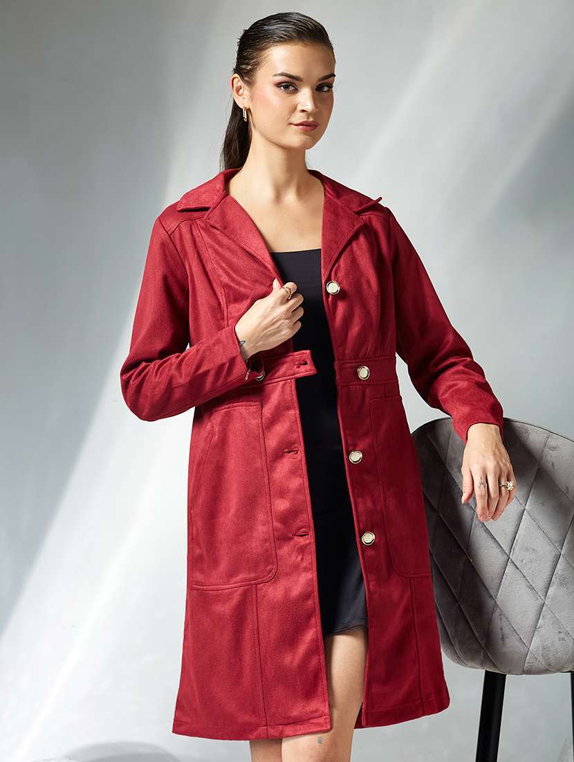 women solid long sleeves trench coat