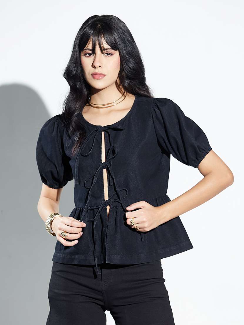 women solid puff sleeve denim peplum top