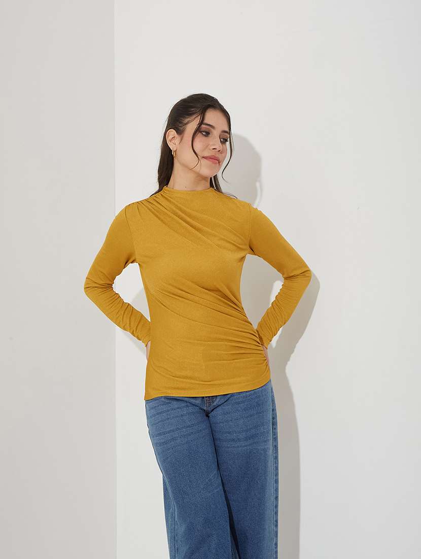 women solid long sleeve ruched top
