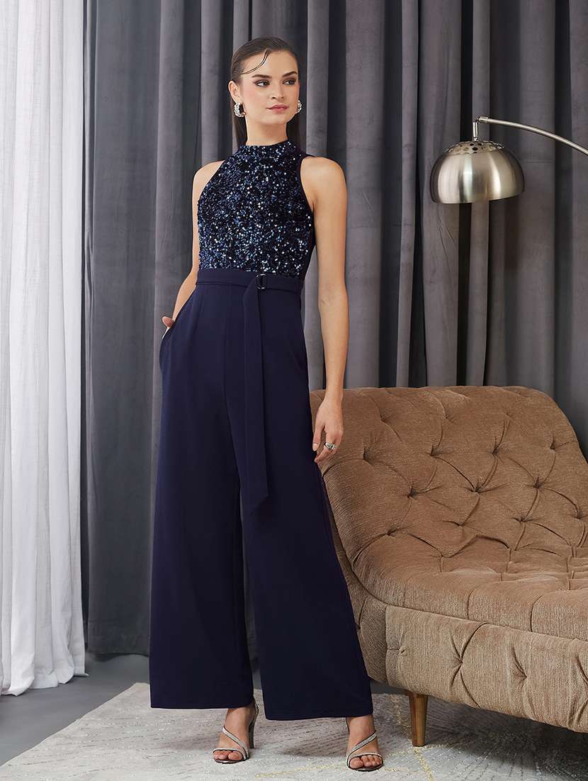 women sequined halter neck sleeveless jumpsuit