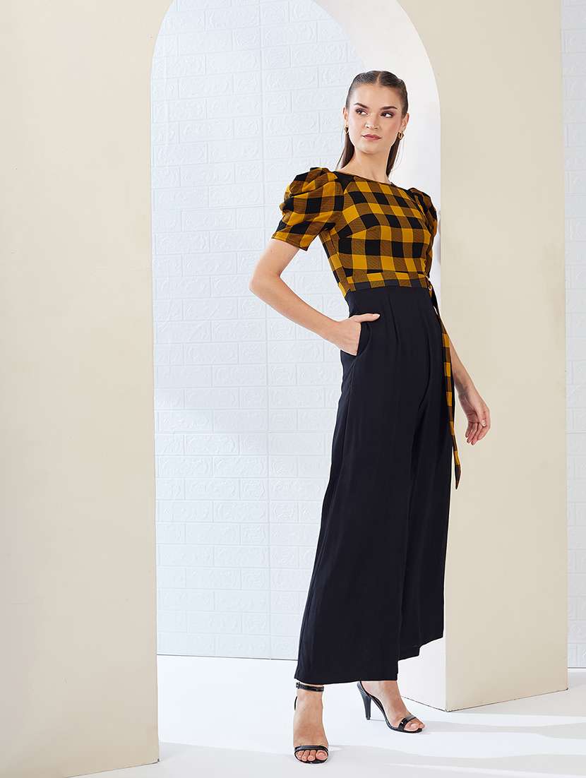 women checkered puff sleeve jumpsuit - 22364141 -  Standard Image - 2