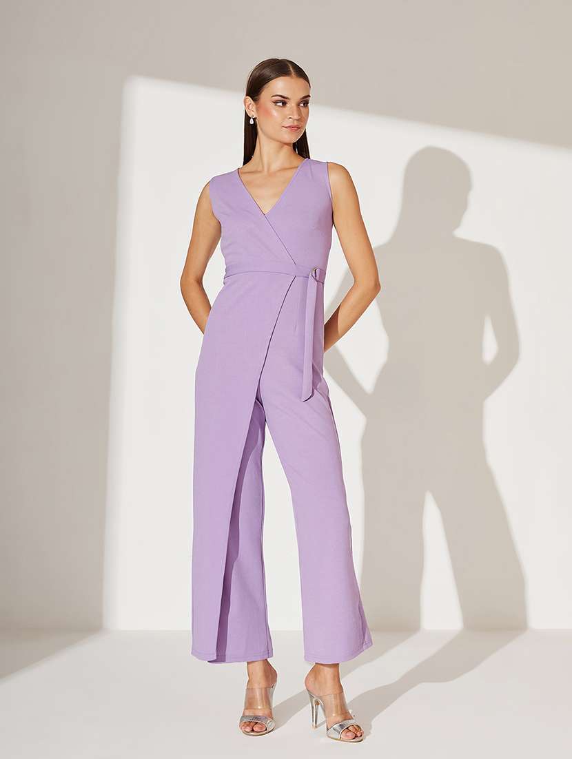 women solid sleeveless wrap style jumpsuit