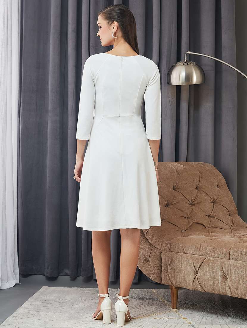 women solid three quarter sleeve fit & flare dress - 22364212 -  Standard Image - 2