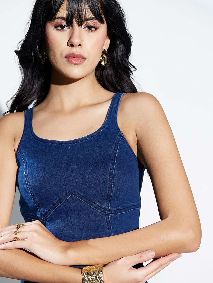 women solid sleeveless denim bodycon dress